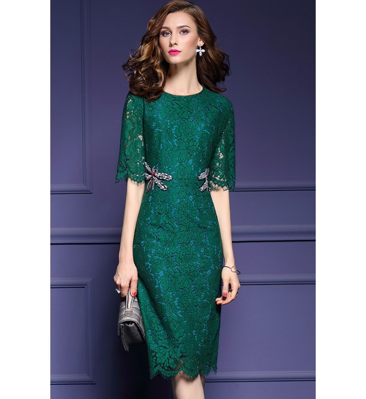 Green Lace Dragonfly Beaded Dress