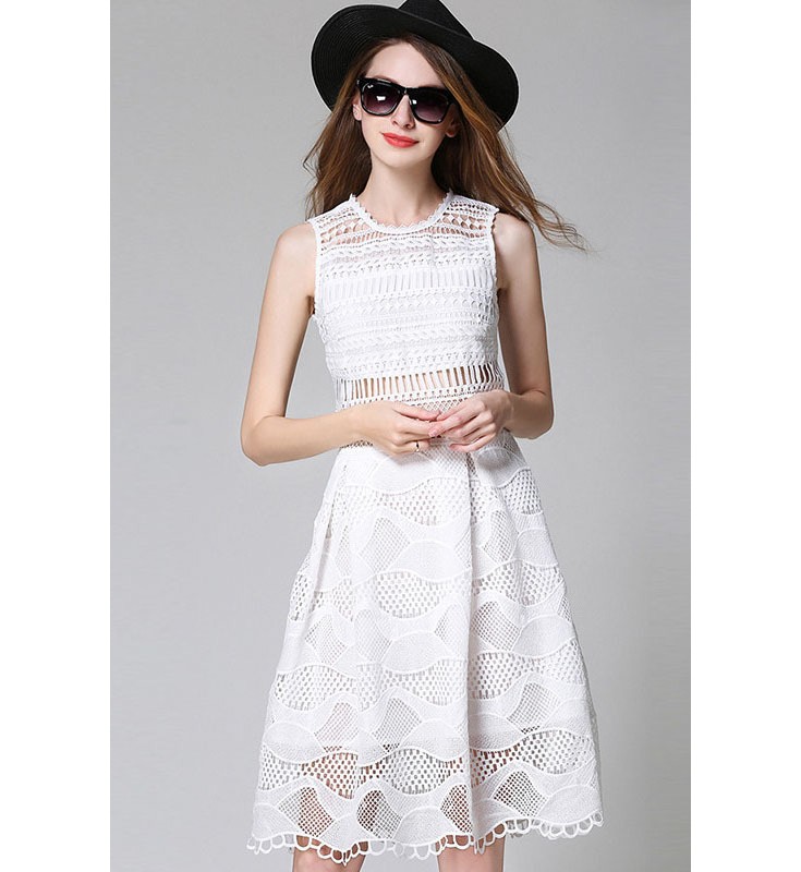 White Lace Hollow-out Knee Length Dress