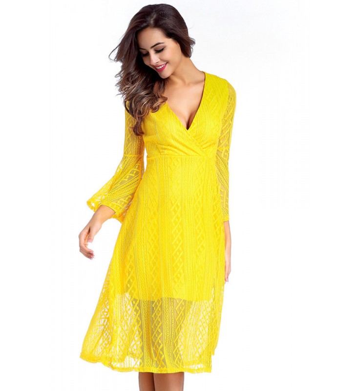 Yellow Lace Deep V-Neck Dress