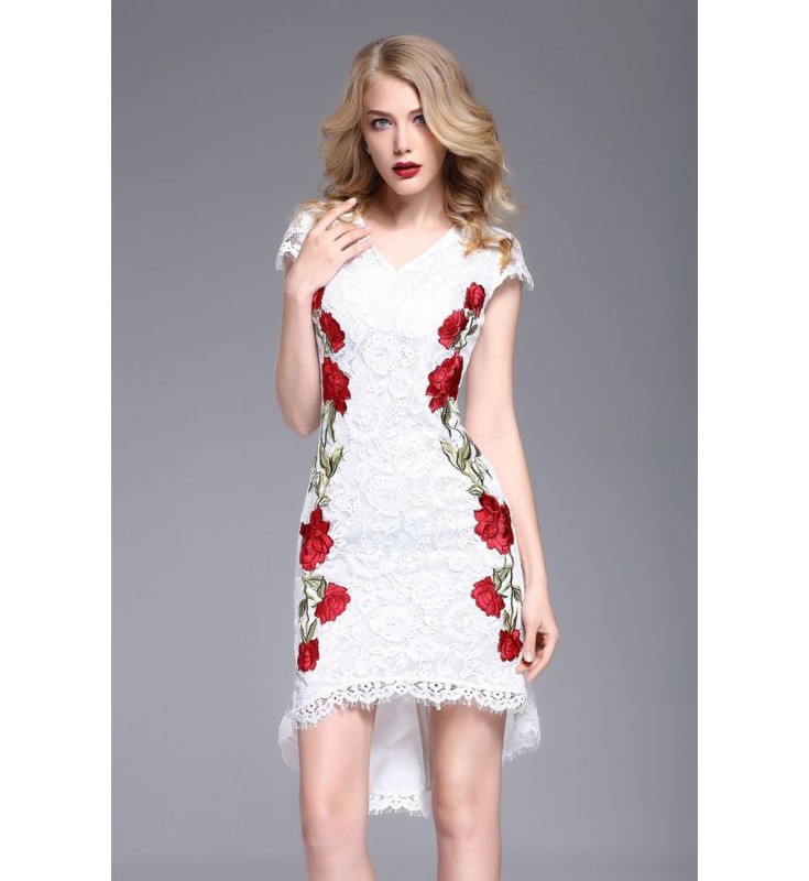 White V-neck Embroidered High Low Lace Dress