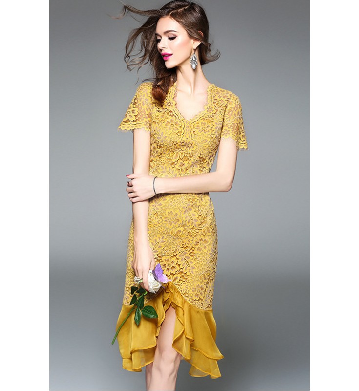 Yellow Short Sleeves Ruffles Lace Dress