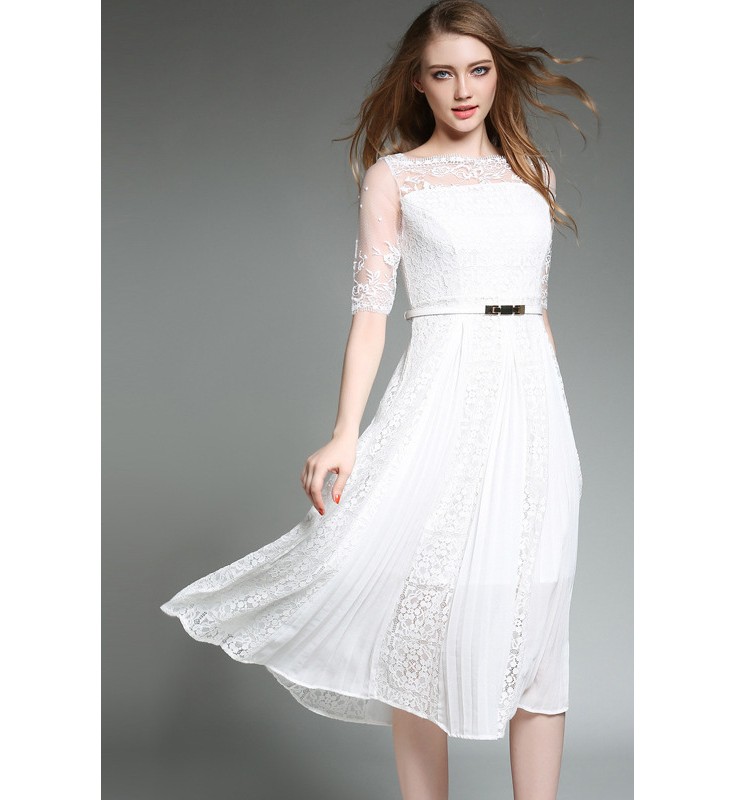 White Boat Neck Half Sleeves Lace Dress
