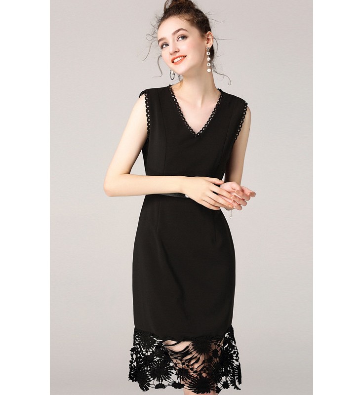 Black Sheath V-neck Lace Trimmed Dress