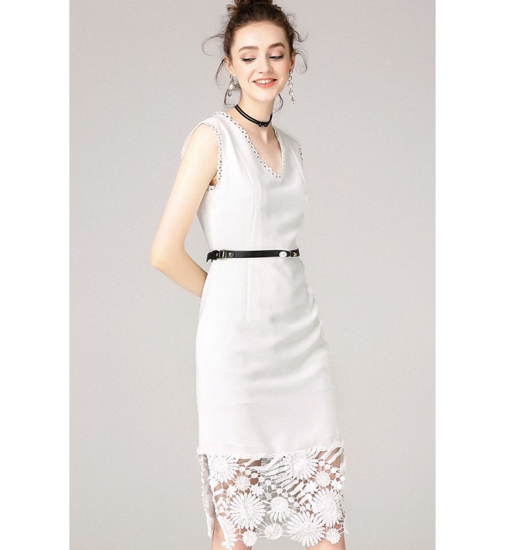 White Sheath V-neck Lace Trimmed Dress