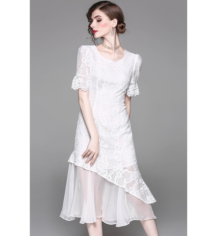 White Short Sleeves Chiffon and Lace Mermaid Dress